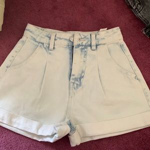 High waisted, light washed jean shorts